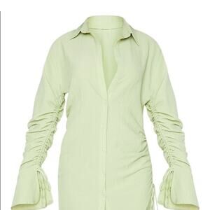 PrettyLittleThing Green Button Down Shirt Dress with Ruched Bell Sleeves